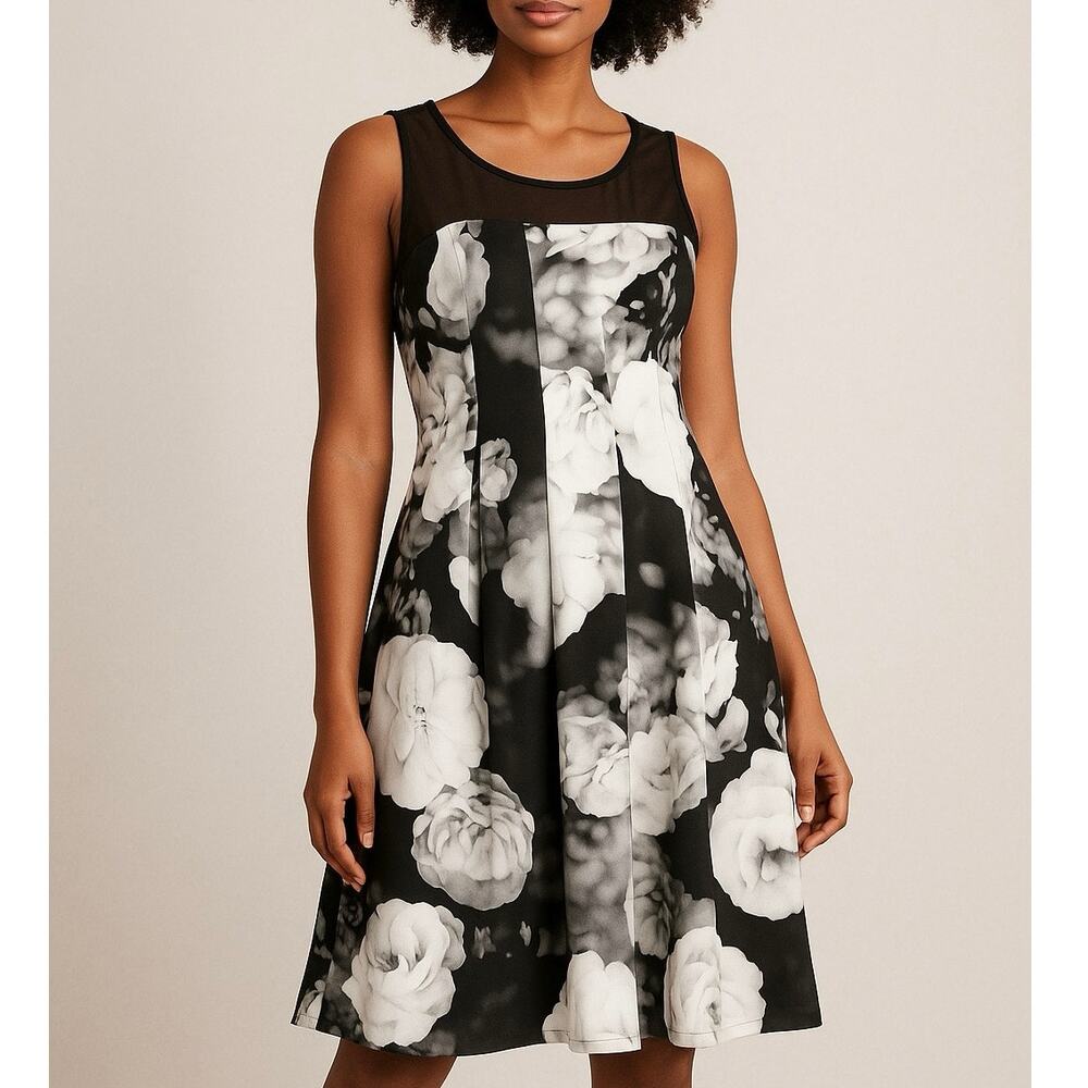 Calvin Klein Floral Mesh Yoke Shift Dress Black White 16 Corporate Cocktail - Picture 16 of 17